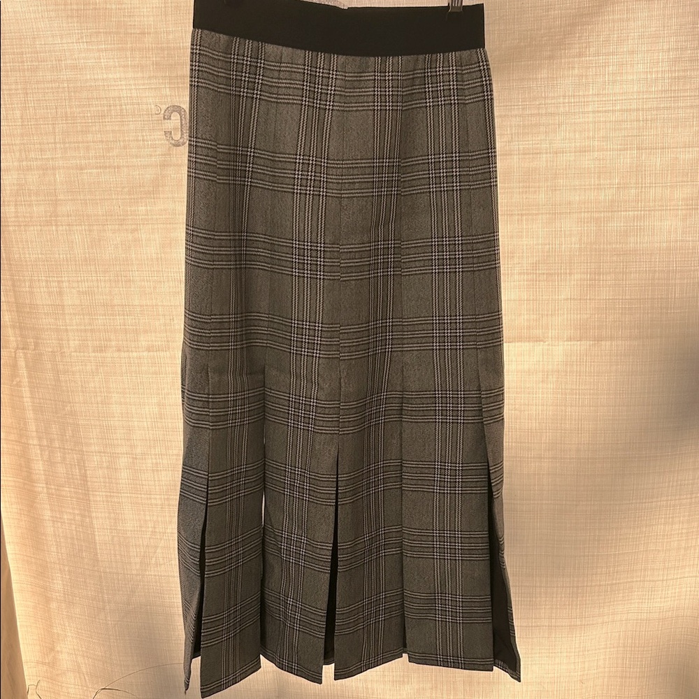 Maje Black and Gray Plaid Midi Skirt